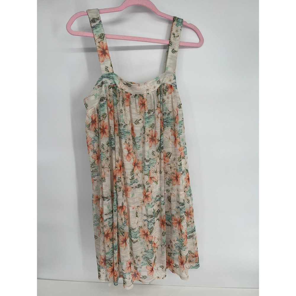 Love Fire Floral Mini Dress Large‎ Tropical Hibiscus Tiered Summer Sleeveless